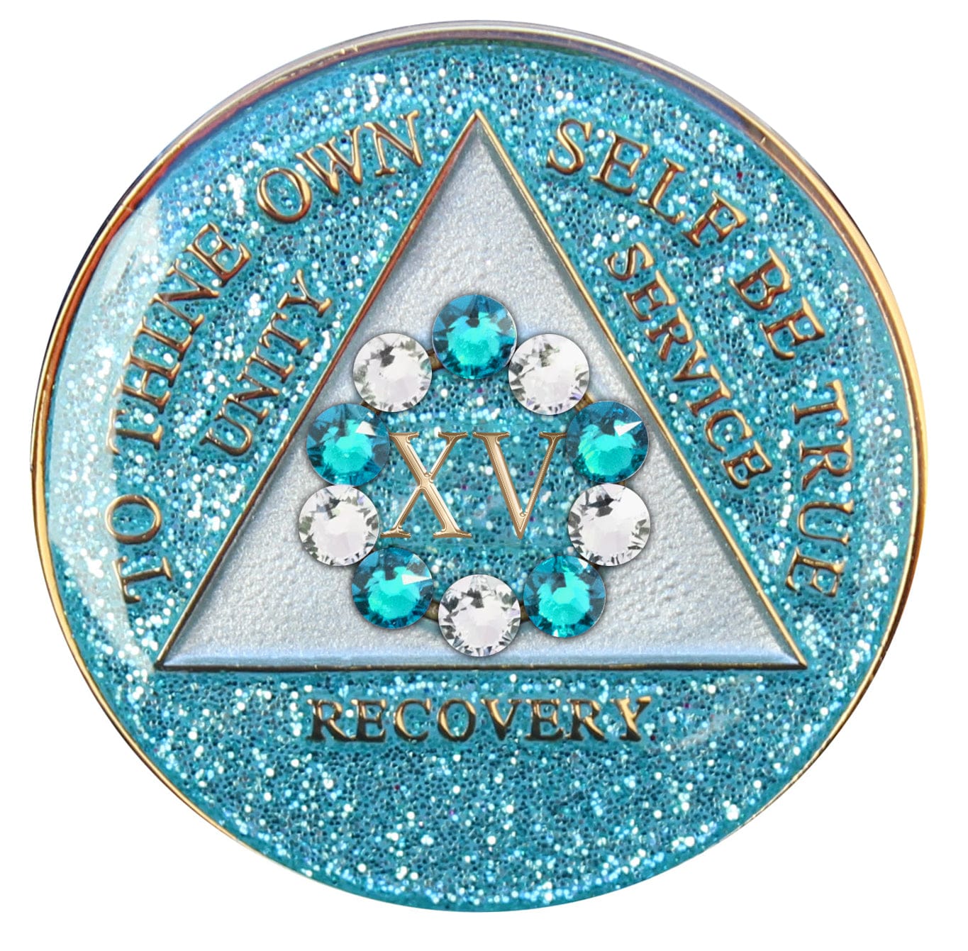 15 Year Deep-sea Aqua glitter 10th step AA medallion with 5 blue genuine crystals and 5 clear genuine crystal, formed in a circle around the year, to thine own self be true, triangle in the center and unity, service, recovery, along with rim of medallion are slightly raised in 14k gold, the center of the triangle is pearl white with the circle being aqua glitter, all emphasizing action and reflection.