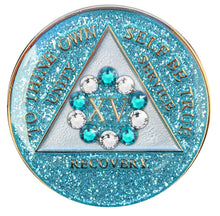 Load image into Gallery viewer, Sobriety Chip AA 10th Step Glitter Aqua &amp; Diamond Crystallized
