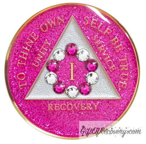 Sobriety Chip AA 10th Step Glitter Pink & Diamond Crystallized 1