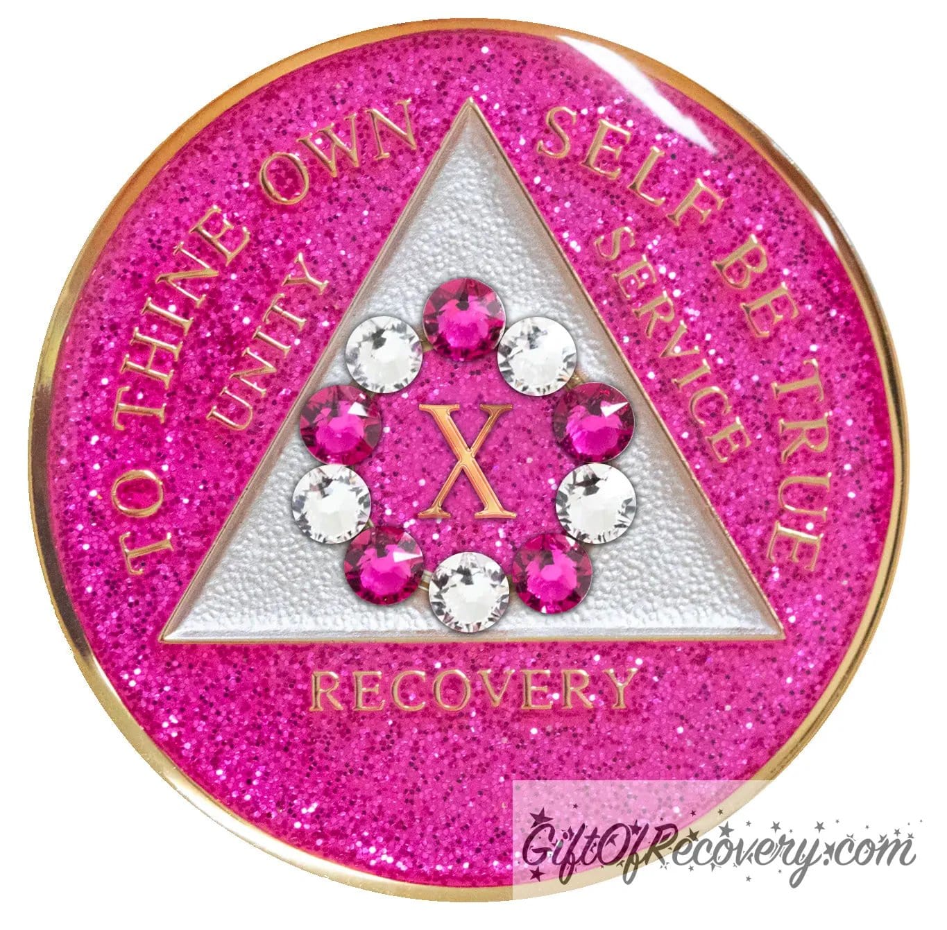 10 Year princess pink glitter 10th step AA medallion with 5 pink genuine crystals and 5 clear genuine crystal, formed in a circle around the year, to thine own self be true, triangle in the center and unity, service, recovery, along with rim of medallion are slightly raised in 14k gold, the center of the triangle is pearl white with the circle being pink glitter, all emphasizing action and reflection, for your favorite sober princess.