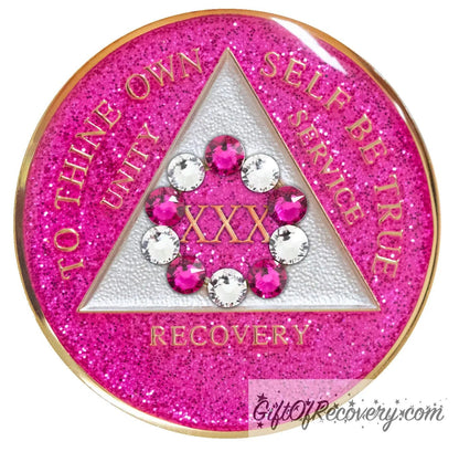 30 Year princess pink glitter 10th step AA medallion with 5 pink genuine crystals and 5 clear genuine crystal, formed in a circle around the year, to thine own self be true, triangle in the center and unity, service, recovery, along with rim of medallion are slightly raised in 14k gold, the center of the triangle is pearl white with the circle being pink glitter, all emphasizing action and reflection, for your favorite sober princess.