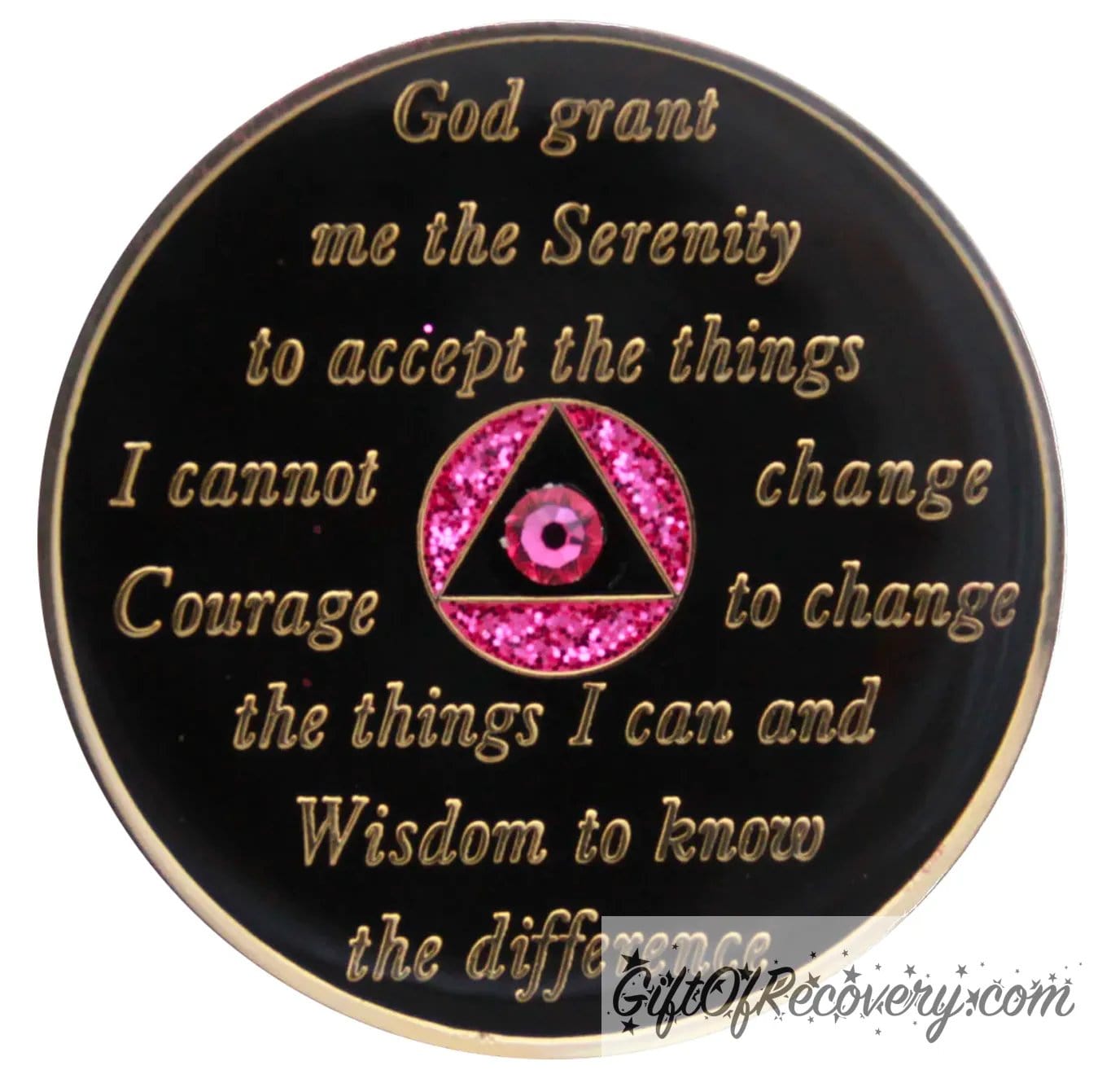Back of 10th step AA Medallion sober princess pink glitter, the back is black onyx and has the serenity prayer, outer rim, and the circle triangle in the center in 14k gold, inside the black triangle is 1 pink genuine crystal, with glitter pink accents in the circle.