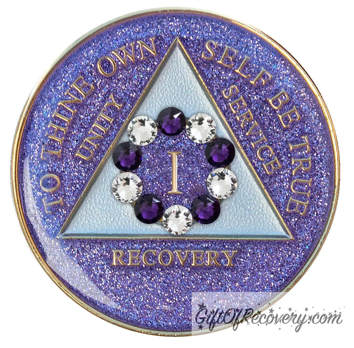 Sobriety Chip AA 10th Step Glitter Purple & Diamond Crystallized 1