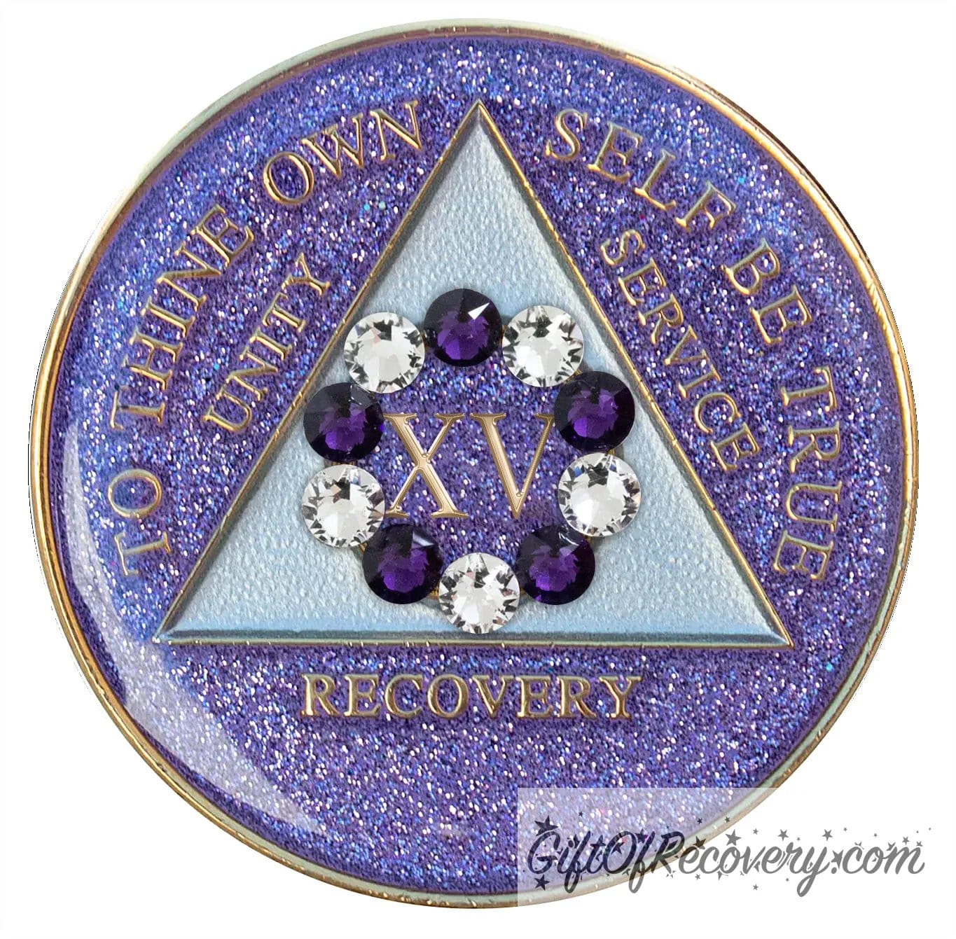 Sobriety Chip AA 10th Step Glitter Purple & Diamond Crystallized 15