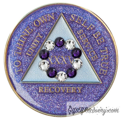 Sobriety Chip AA 10th Step Glitter Purple & Diamond Crystallized 35