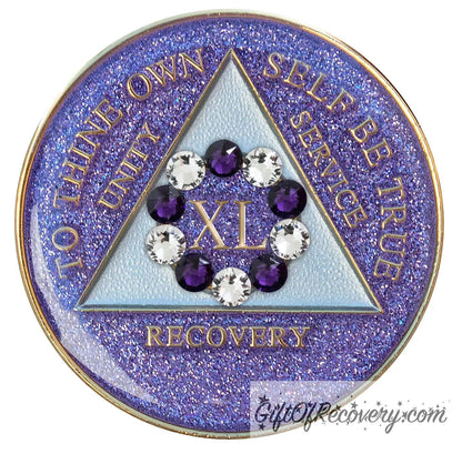 Sobriety Chip AA 10th Step Glitter Purple & Diamond Crystallized 40