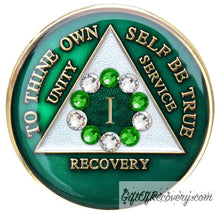 Load image into Gallery viewer, Sobriety Chip AA 10th Step Green &amp; Diamond Crystallized 1
