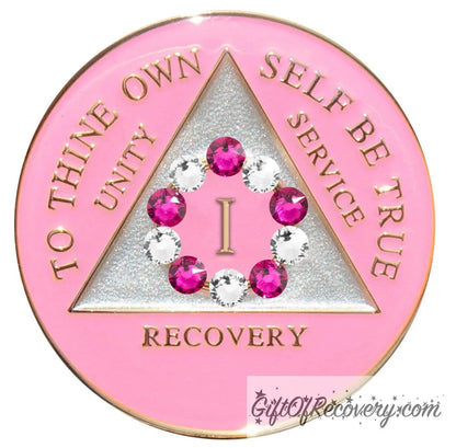 Sobriety Chip AA 10th Step Pink & Diamond Crystallized 1