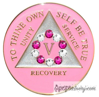 Sobriety Chip AA 10th Step Pink & Diamond Crystallized 5