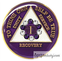 Load image into Gallery viewer, Sobriety Chip AA 10th Step Purple &amp; Diamond Crystallized 1

