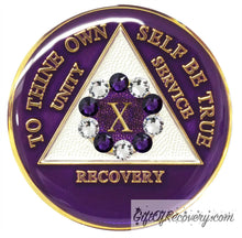 Load image into Gallery viewer, Sobriety Chip AA 10th Step Purple &amp; Diamond Crystallized 10
