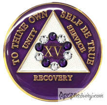Load image into Gallery viewer, Sobriety Chip AA 10th Step Purple &amp; Diamond Crystallized 15
