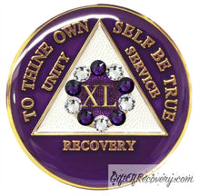 Load image into Gallery viewer, Sobriety Chip AA 10th Step Purple &amp; Diamond Crystallized 40
