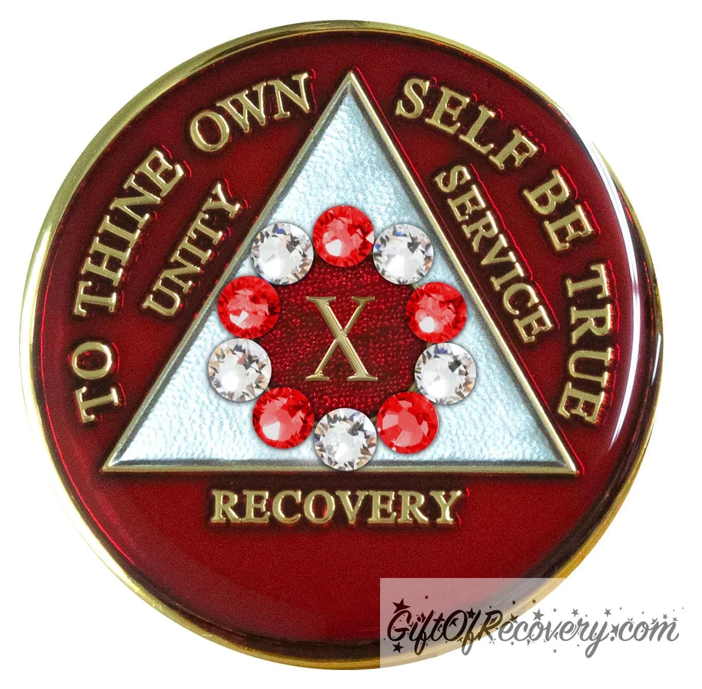 Sobriety Chip AA 10th Step Red & Diamond Crystallized 10