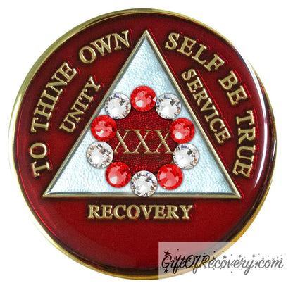 Sobriety Chip AA 10th Step Red & Diamond Crystallized 30