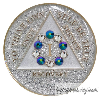Sobriety Chip AA 10th Step Scarabaeus Green Bling Crystallized Glitter Silver Triplate 1 Year