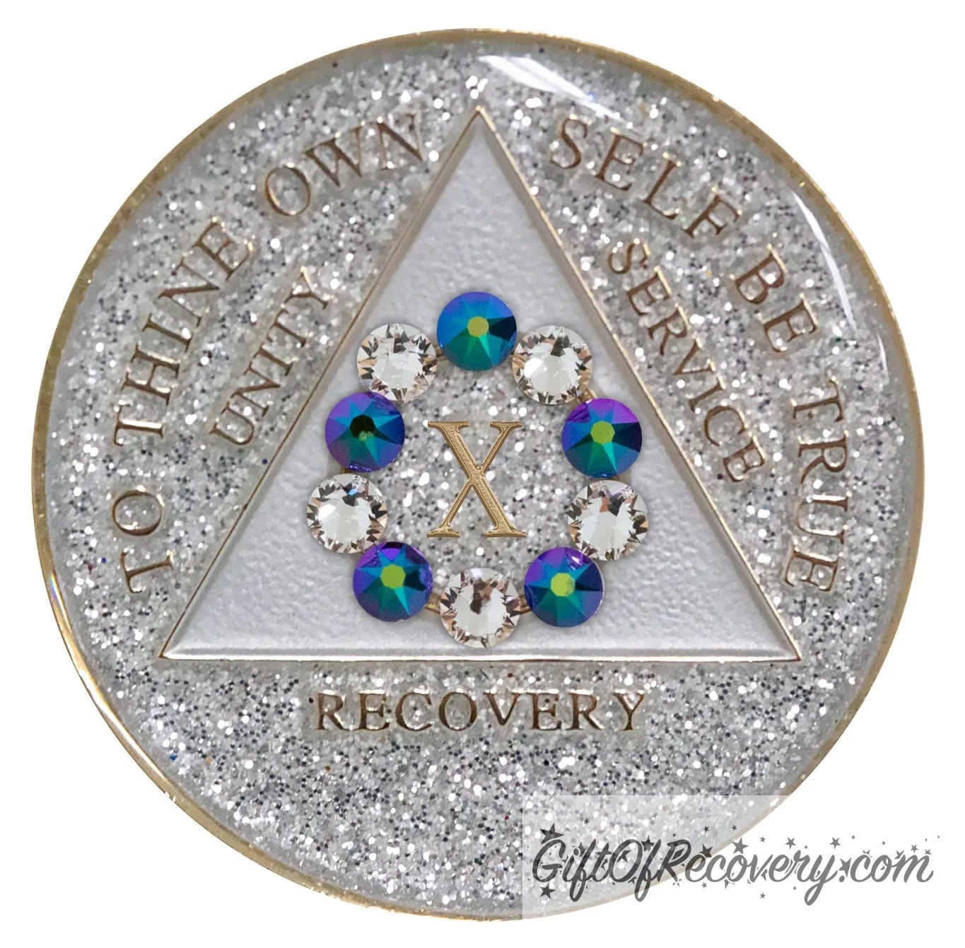 Sobriety Chip AA 10th Step Scarabaeus Green Bling Crystallized Glitter Silver Triplate 10 Years