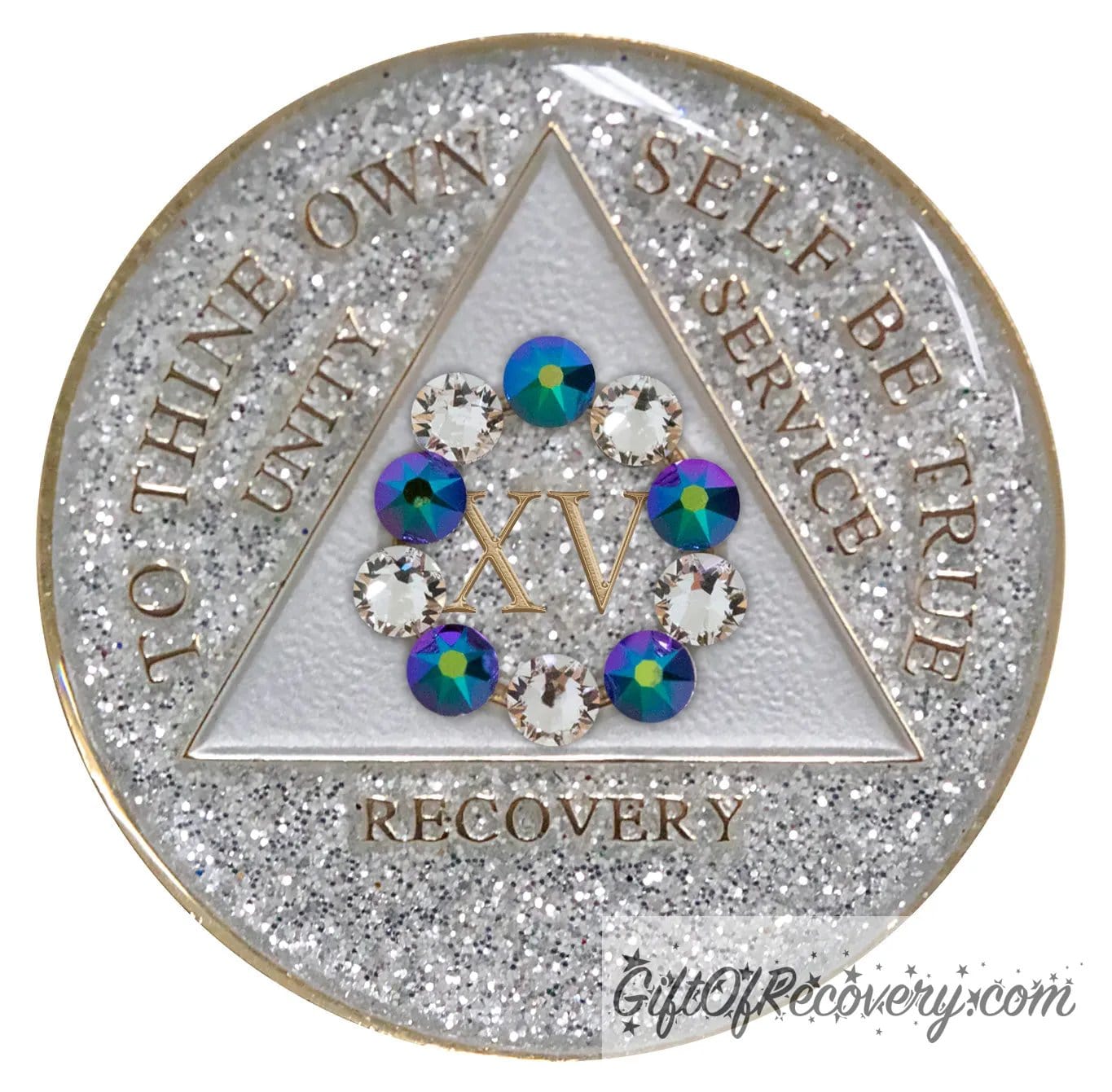 Sobriety Chip AA 10th Step Scarabaeus Green Bling Crystallized Glitter Silver Triplate 15 Years