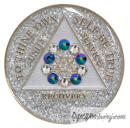 Sobriety Chip AA 10th Step Scarabaeus Green Bling Crystallized Glitter Silver Triplate 20 Years