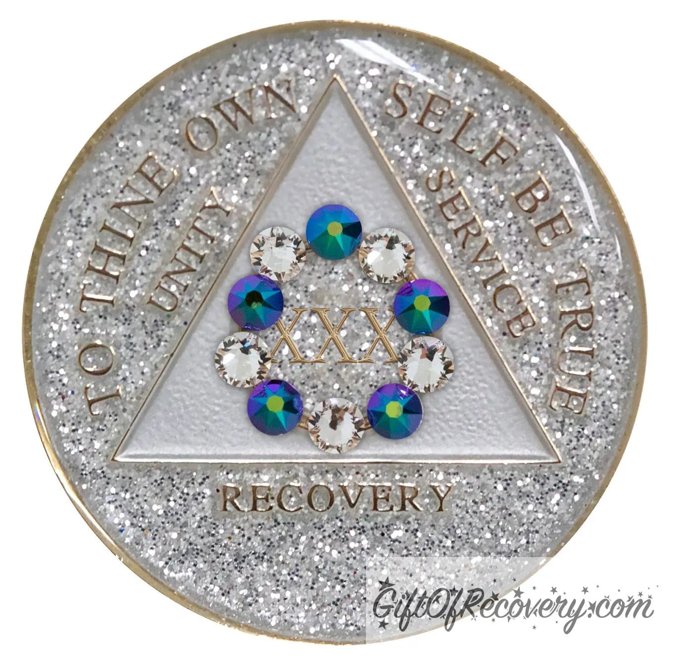 Sobriety Chip AA 10th Step Scarabaeus Green Bling Crystallized Glitter Silver Triplate 30 Years