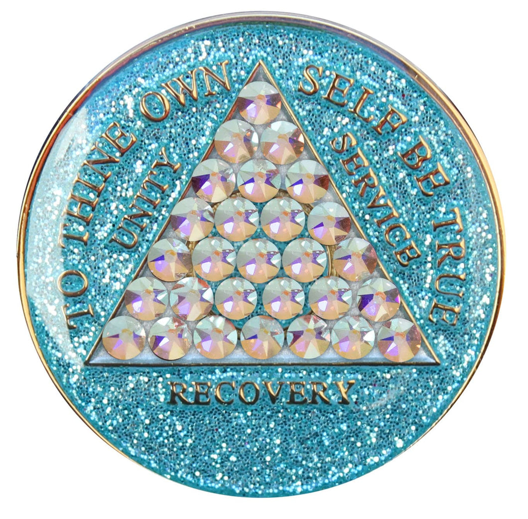 Sobriety Chip AA Aqua Glitter Timeless Triplate