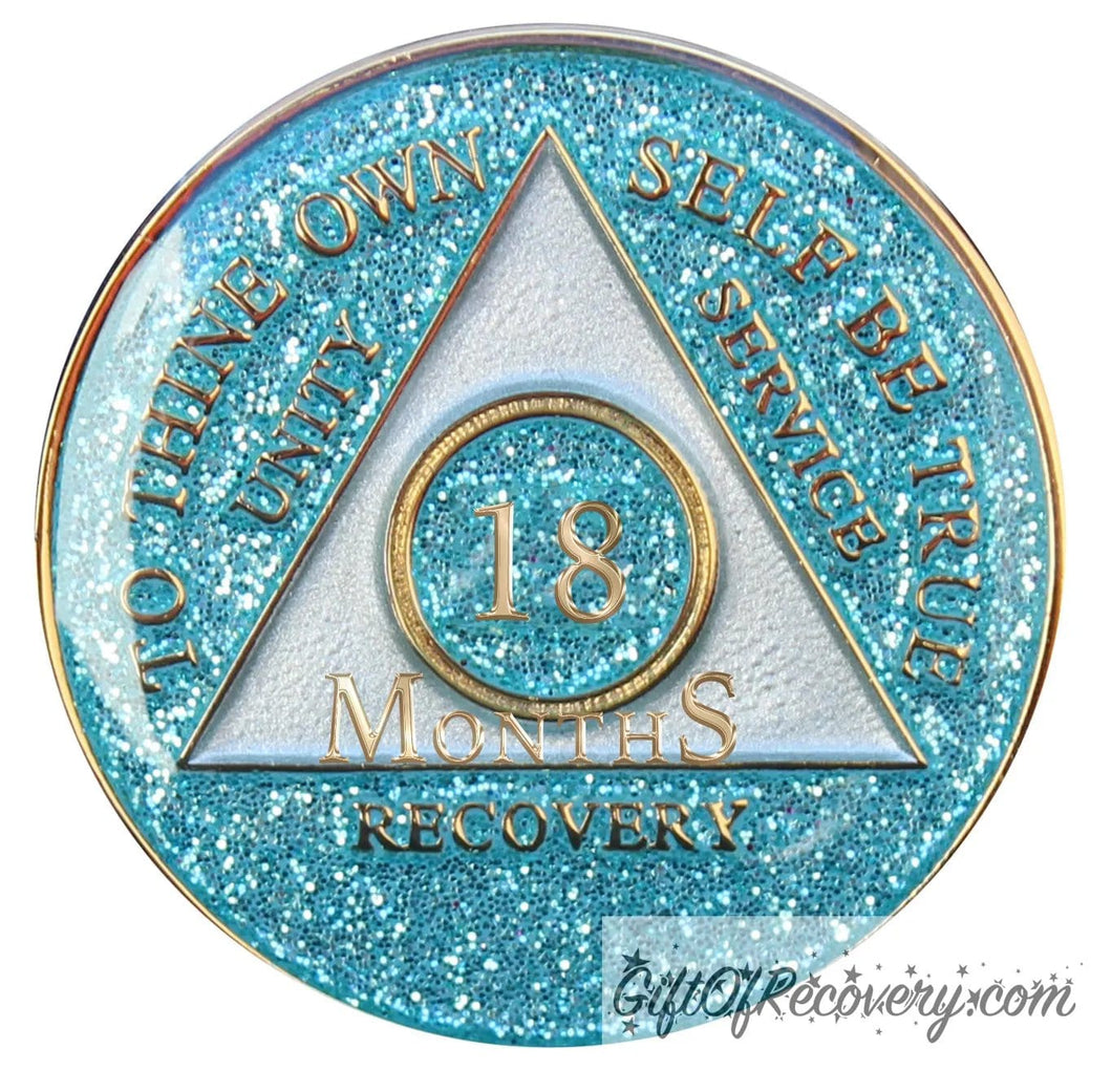 Sobriety Chip AA Aqua Glitter Triplate 18 Month