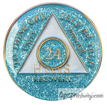 Load image into Gallery viewer, Sobriety Chip AA Aqua Glitter Triplate 24 Hours

