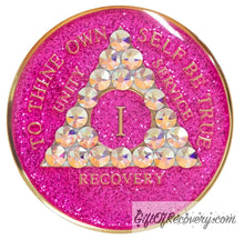 Load image into Gallery viewer, Sobriety Chip AA Aurora Borealis Bling Crystallized Glitter Pink Triplate 1 Year
