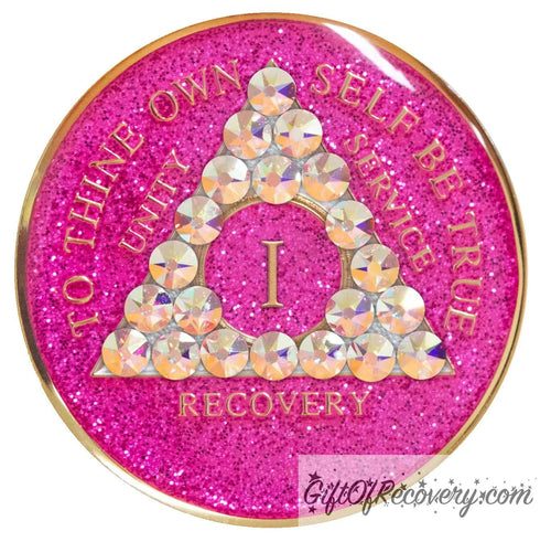 Sobriety Chip AA Aurora Borealis Bling Crystallized Glitter Pink Triplate 1 Year