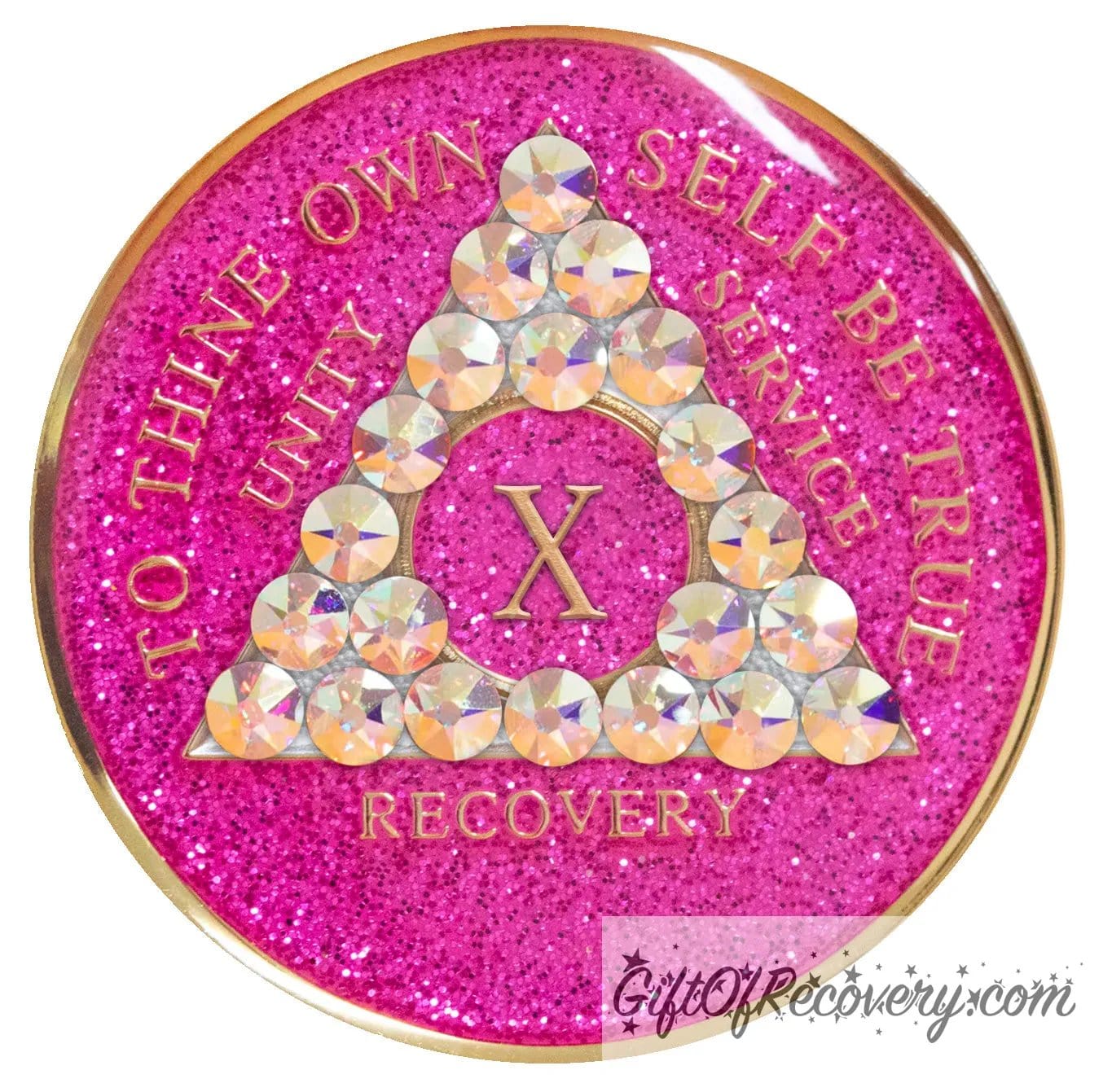 Sobriety Chip AA Aurora Borealis Bling Crystallized Glitter Pink Triplate 10 Years