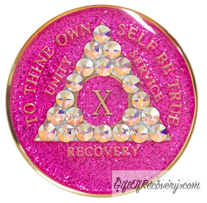 Sobriety Chip AA Aurora Borealis Bling Crystallized Glitter Pink Triplate 10 Years