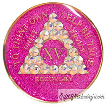 Load image into Gallery viewer, Sobriety Chip AA Aurora Borealis Bling Crystallized Glitter Pink Triplate 15 Years
