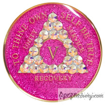 Load image into Gallery viewer, Sobriety Chip AA Aurora Borealis Bling Crystallized Glitter Pink Triplate 5 Years
