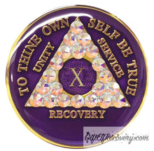 Load image into Gallery viewer, Sobriety Chip AA Aurora Borealis Bling Crystallized Purple Triplate 10
