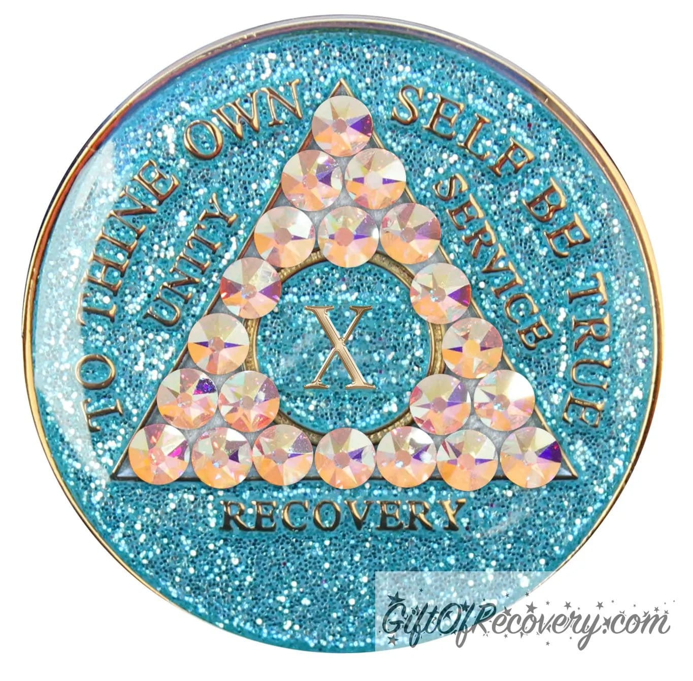 10 year deep sea aqua glitter AA medallion adorned with 21 genuine Aurora Borealis crystals representing the different colors and stages of our new lives, to thine own self be true, unity, service, recovery are embossed with 14k gold-plated brass and sealed with resin for a glossy finish that is scratch proof and will last.