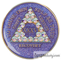 Load image into Gallery viewer, Sobriety Chip AA Aurora Borealis Bling Glitter Triplate Purple 35
