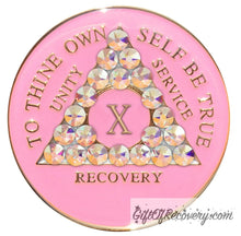 Load image into Gallery viewer, Sobriety Chip AA Aurora Borealis Bling Triplate Pink 10
