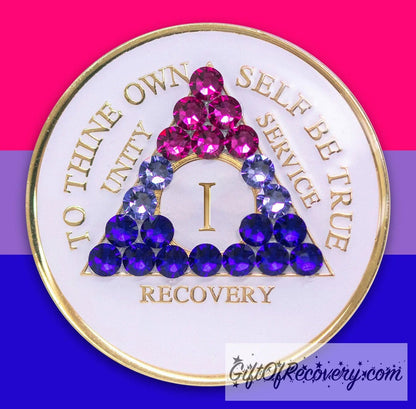 Sobriety Chip AA Bisexual Bling Crystallized White Triplate 1