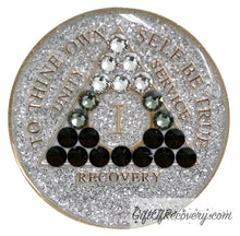 Load image into Gallery viewer, Sobriety Chip AA Black Transition Bling Crystallized Glitter Silver Triplate
