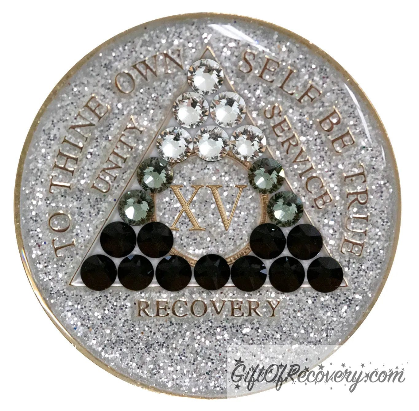 Sobriety Chip AA Black Transition Bling Crystallized Glitter Silver Triplate