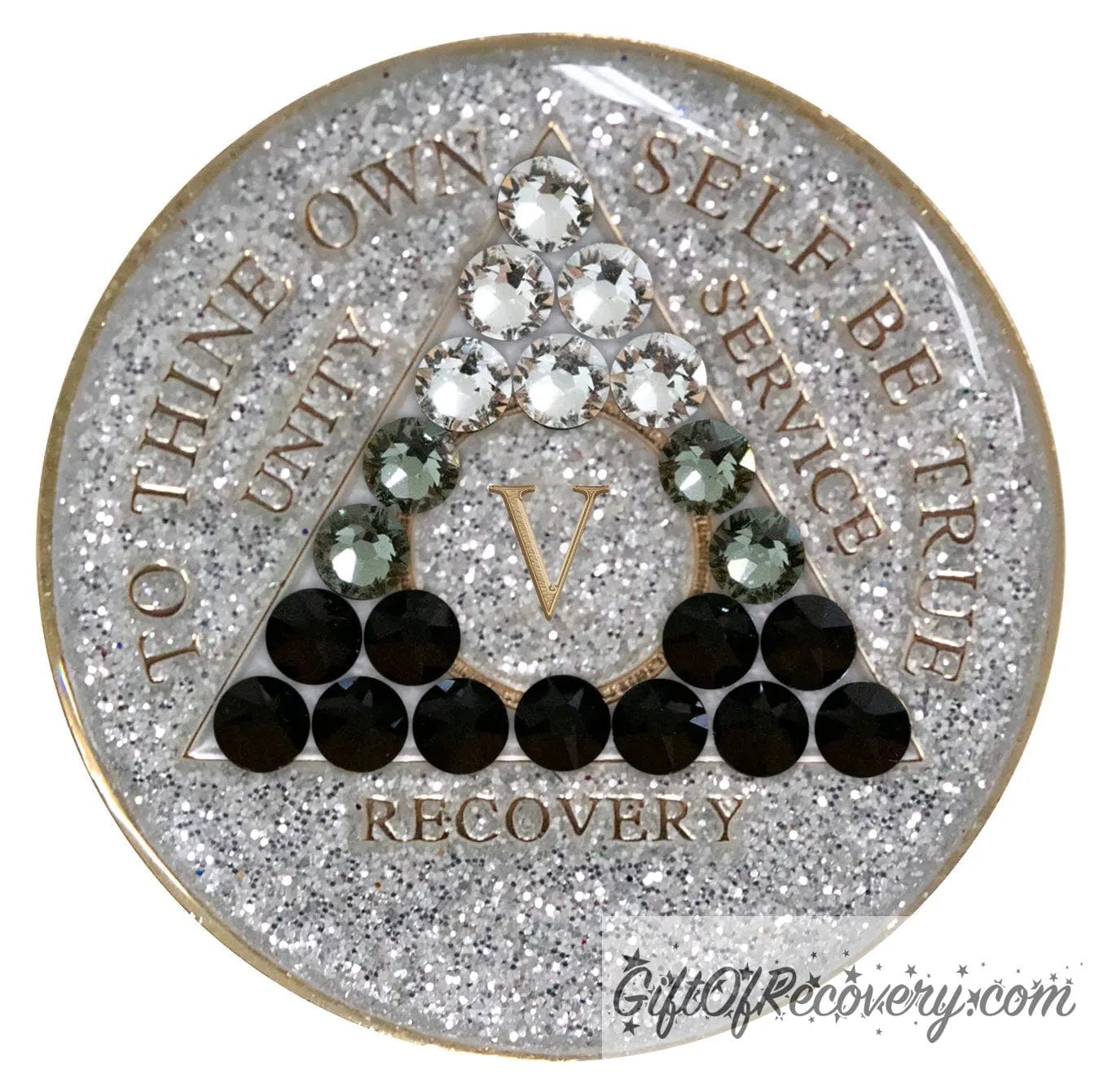 5 year Silver glitter AA transition medallion with twenty-one genuine crystal going from dark to light, which symbolizes growth in recovery, recovery medallion moto's are embossed with 14k gold-plated brass, sealed in a high-quality, chip and scratch-resistant resin dome giving it a beautiful glossy look that will last.