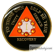 Load image into Gallery viewer, Sobriety Chip AA Bloom Crystallized Orange Bling Triplate 1
