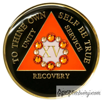 Sobriety Chip AA Bloom Crystallized Orange Bling Triplate 15