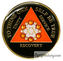 Load image into Gallery viewer, Sobriety Chip AA Bloom Crystallized Orange Bling Triplate 20
