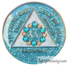 Load image into Gallery viewer, Sobriety Chip AA Bloom Glitter Aqua Crystallized 15
