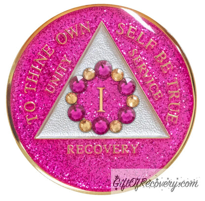 Sobriety Chip AA Bloom Glitter Pink Crystallized 1 Year