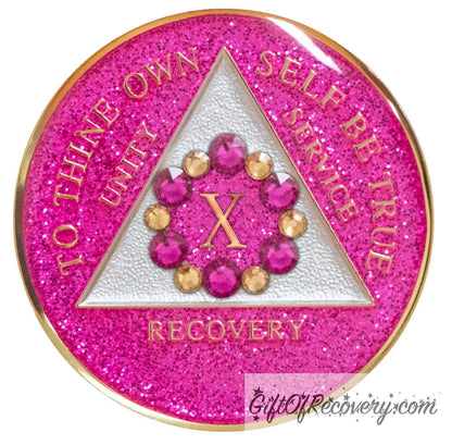 Sobriety Chip AA Bloom Glitter Pink Crystallized 10 Years