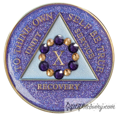 Sobriety Chip AA Bloom Glitter Purple Crystallized 10