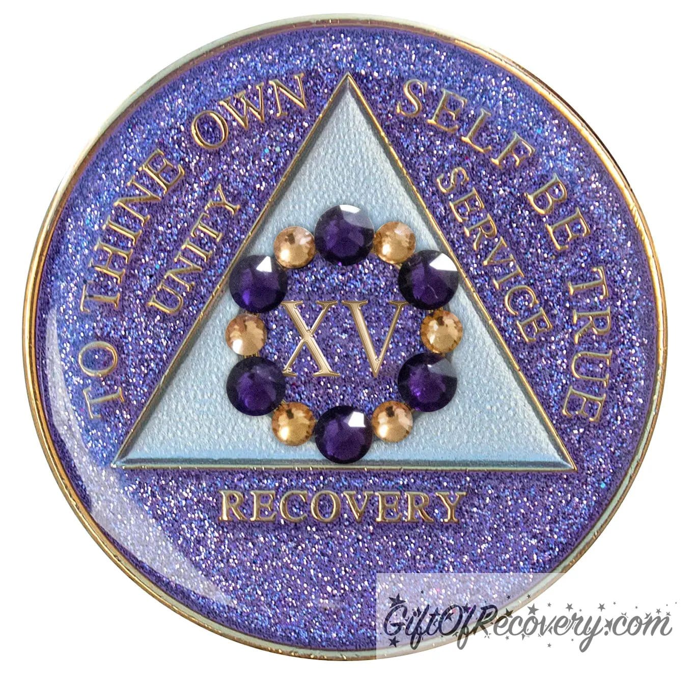 Sobriety Chip AA Bloom Glitter Purple Crystallized 15