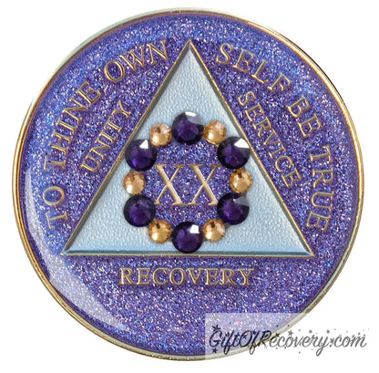 Sobriety Chip AA Bloom Glitter Purple Crystallized 20